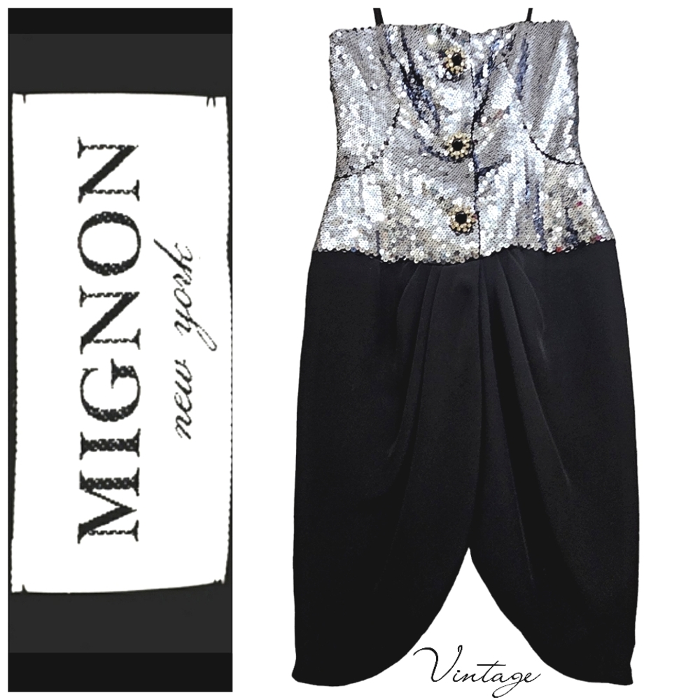 Vintage 80's MIGNON Ny Silver Sequined/Black Satin/Rhinestone Cocktail Dress